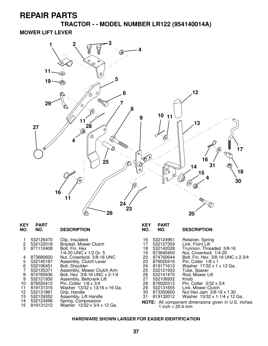 Husqvarna LR122 owner manual Mower Lift Lever 