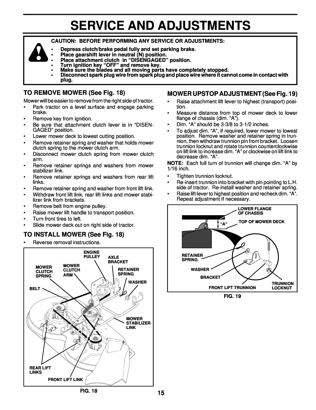 Husqvarna LR122 owner manual Service And Adjustments, TO REMOVE MOWER See Fig, TO INSTALL MOWER See Fig 
