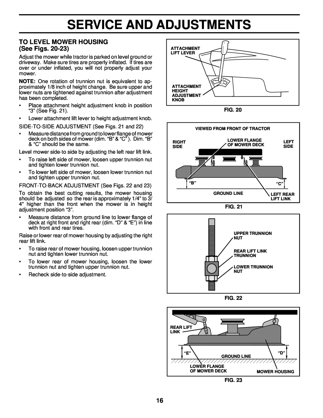 Husqvarna LR122 owner manual TO LEVEL MOWER HOUSING See Figs, Service And Adjustments 