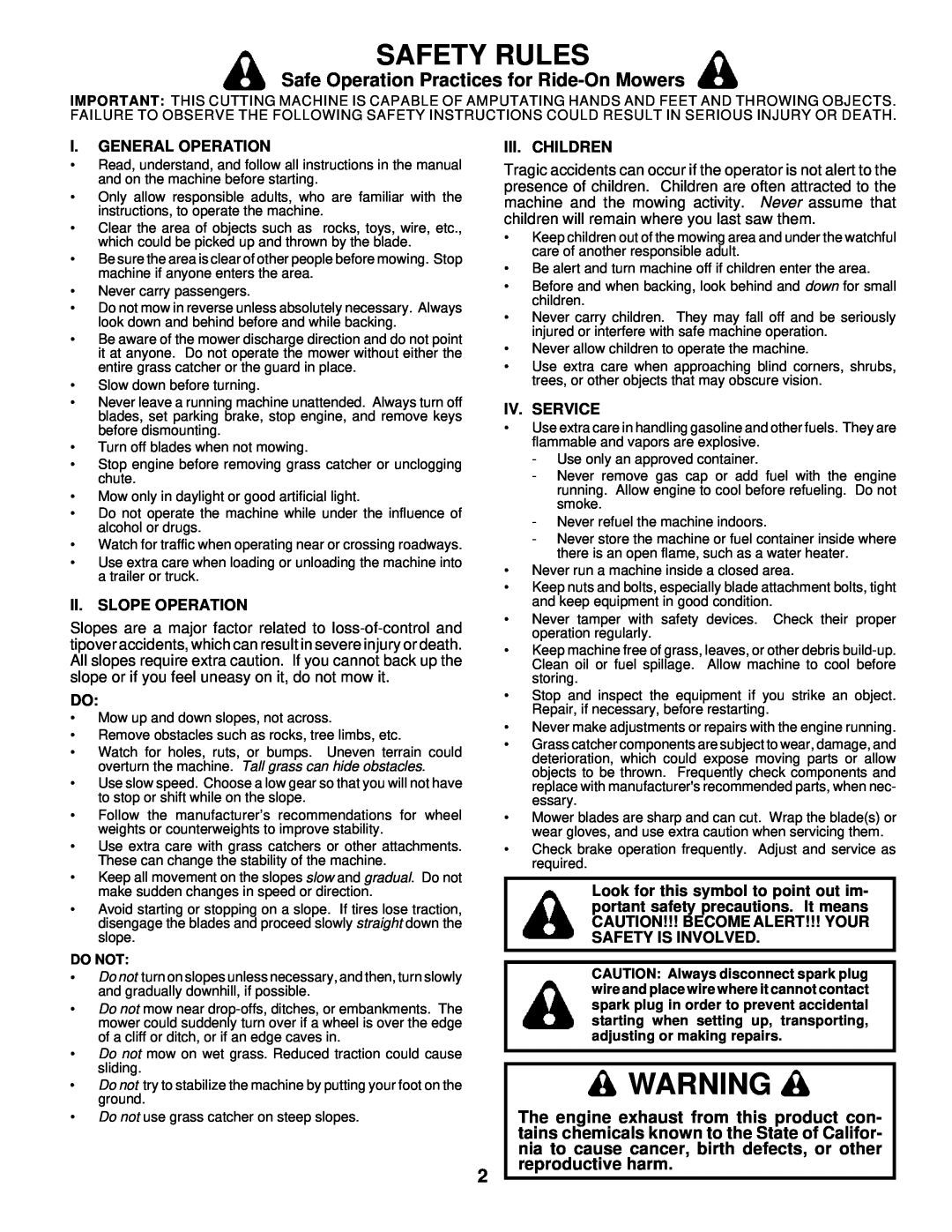 Husqvarna LR122 Safety Rules, Safe Operation Practices for Ride-On Mowers, I. General Operation, Ii. Slope Operation 