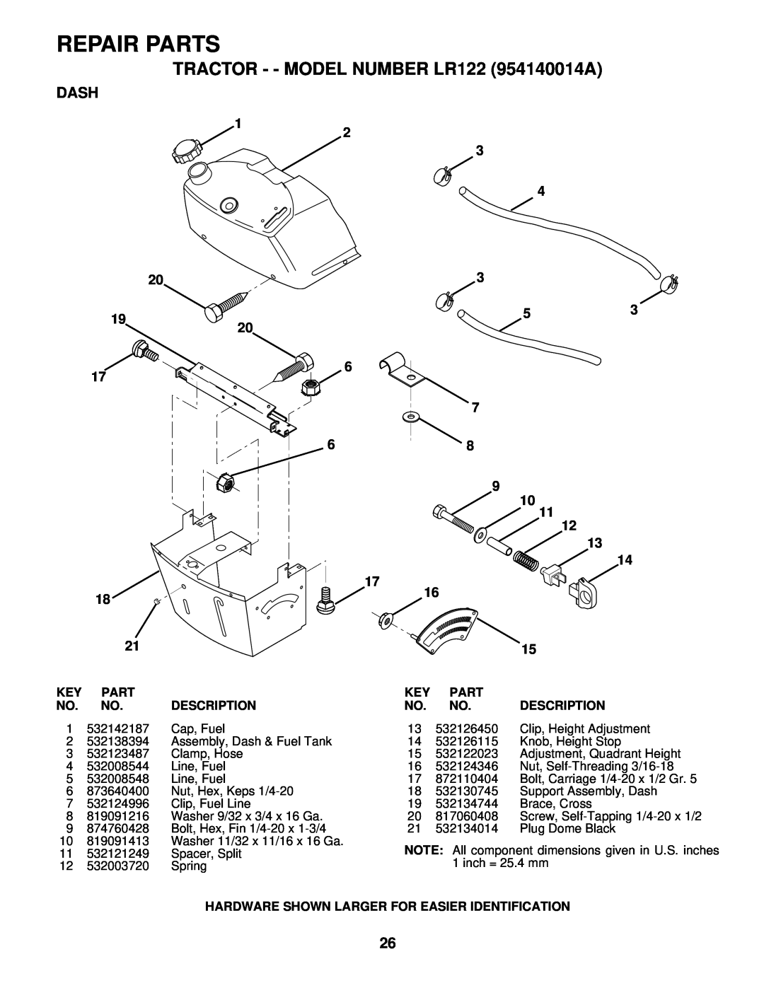 Husqvarna owner manual Dash, Repair Parts, TRACTOR - - MODEL NUMBER LR122 954140014A, Description 