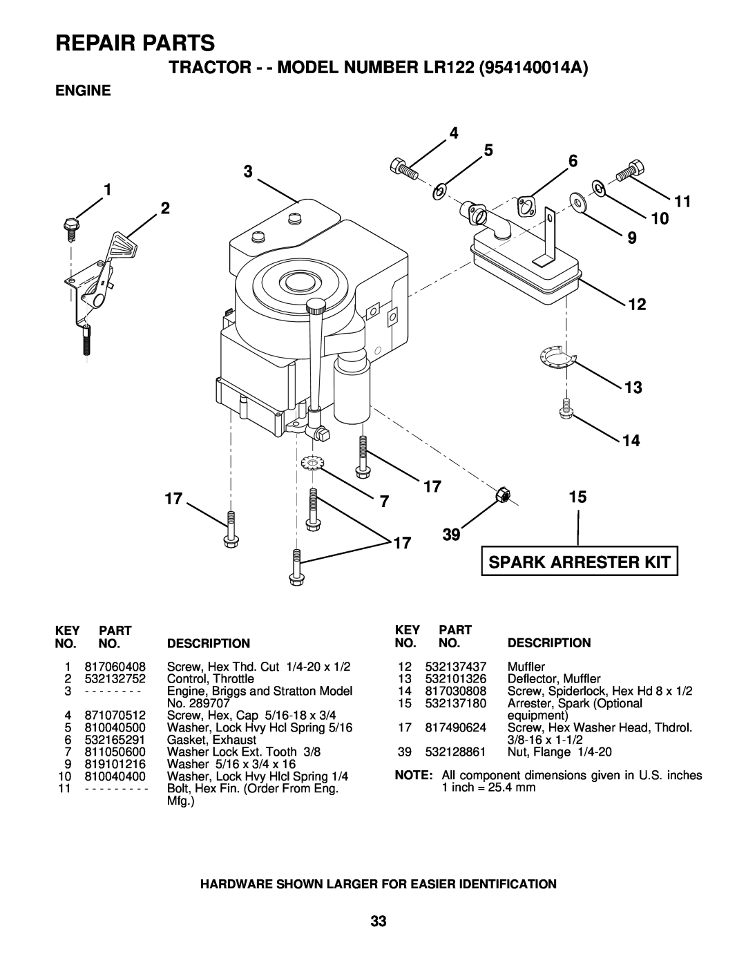 Husqvarna owner manual Engine, Repair Parts, TRACTOR - - MODEL NUMBER LR122 954140014A, Spark Arrester Kit, Description 