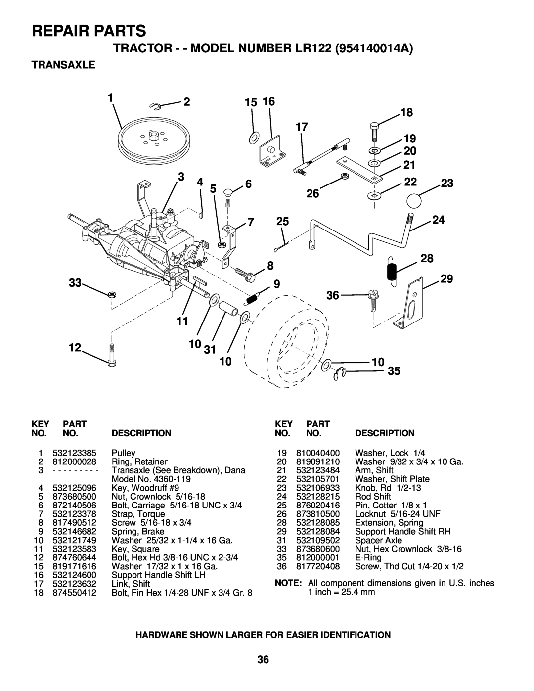 Husqvarna owner manual Transaxle, Repair Parts, TRACTOR - - MODEL NUMBER LR122 954140014A, Description 