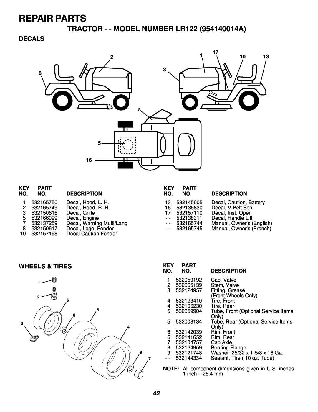 Husqvarna owner manual Decals, Wheels & Tires, Repair Parts, TRACTOR - - MODEL NUMBER LR122 954140014A, Description 