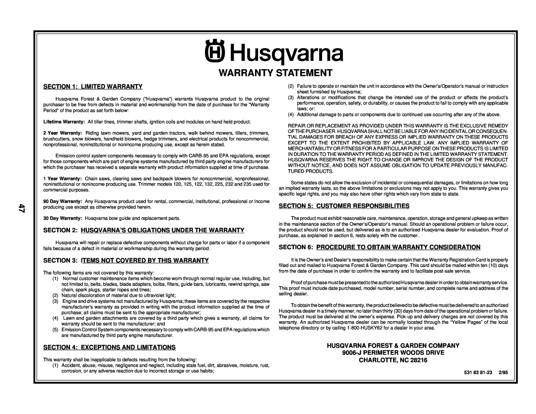 Husqvarna LR122 Warranty Statement, Limited Warranty, Husqvarna’S Obligations Under The Warranty, Charlotte, Nc 