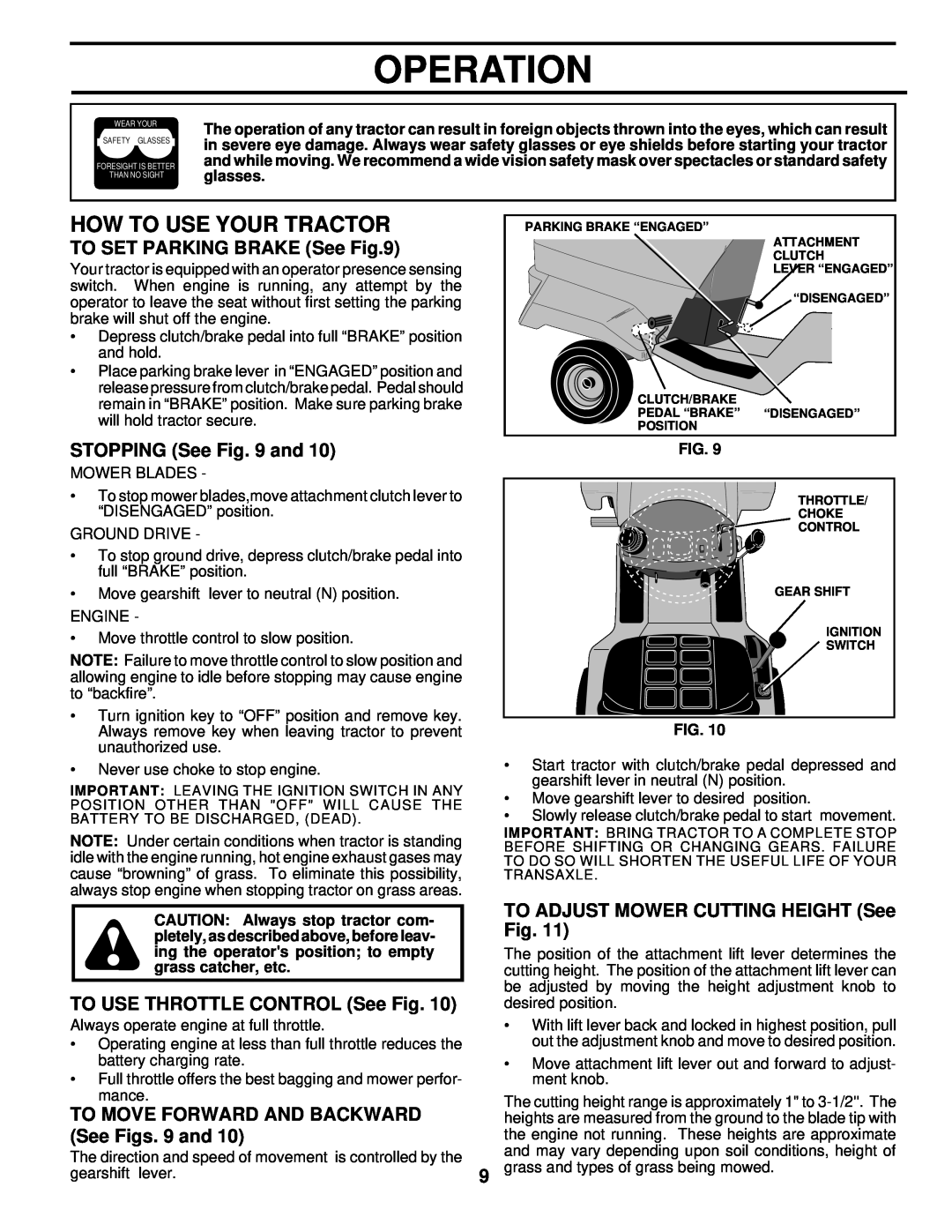 Husqvarna LR122 How To Use Your Tractor, TO SET PARKING BRAKE See, STOPPING See and, TO USE THROTTLE CONTROL See Fig 