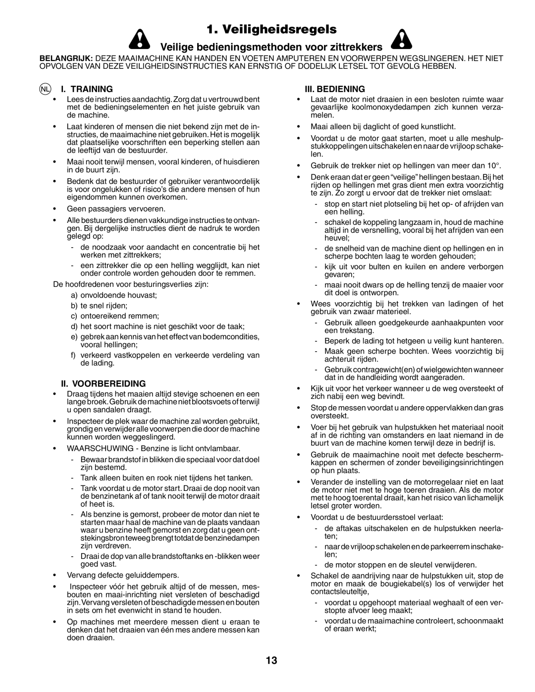 Husqvarna LT 151 instruction manual Veiligheidsregels, Training, II. Voorbereiding, III. Bediening 