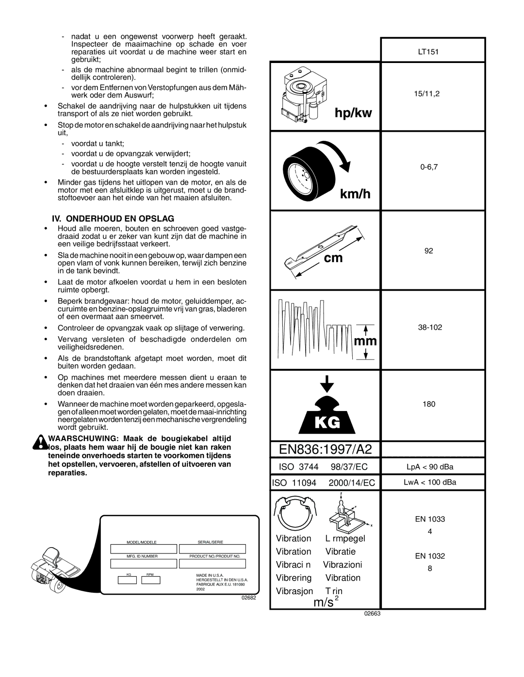 Husqvarna LT 151 instruction manual IV. Onderhoud EN Opslag, 15/11,2, 180, LpA 90 dBa, LwA 100 dBa 