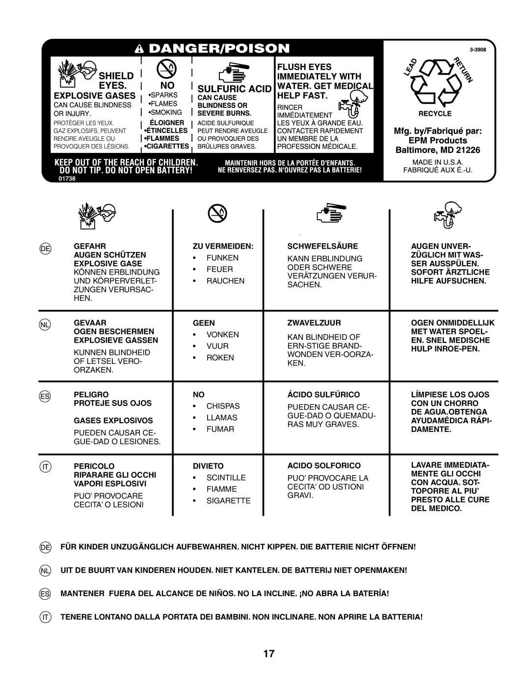 Husqvarna LT 151 instruction manual Gefahr ZU Vermeiden Schwefelsäure Augen Unver Augen Schützen 