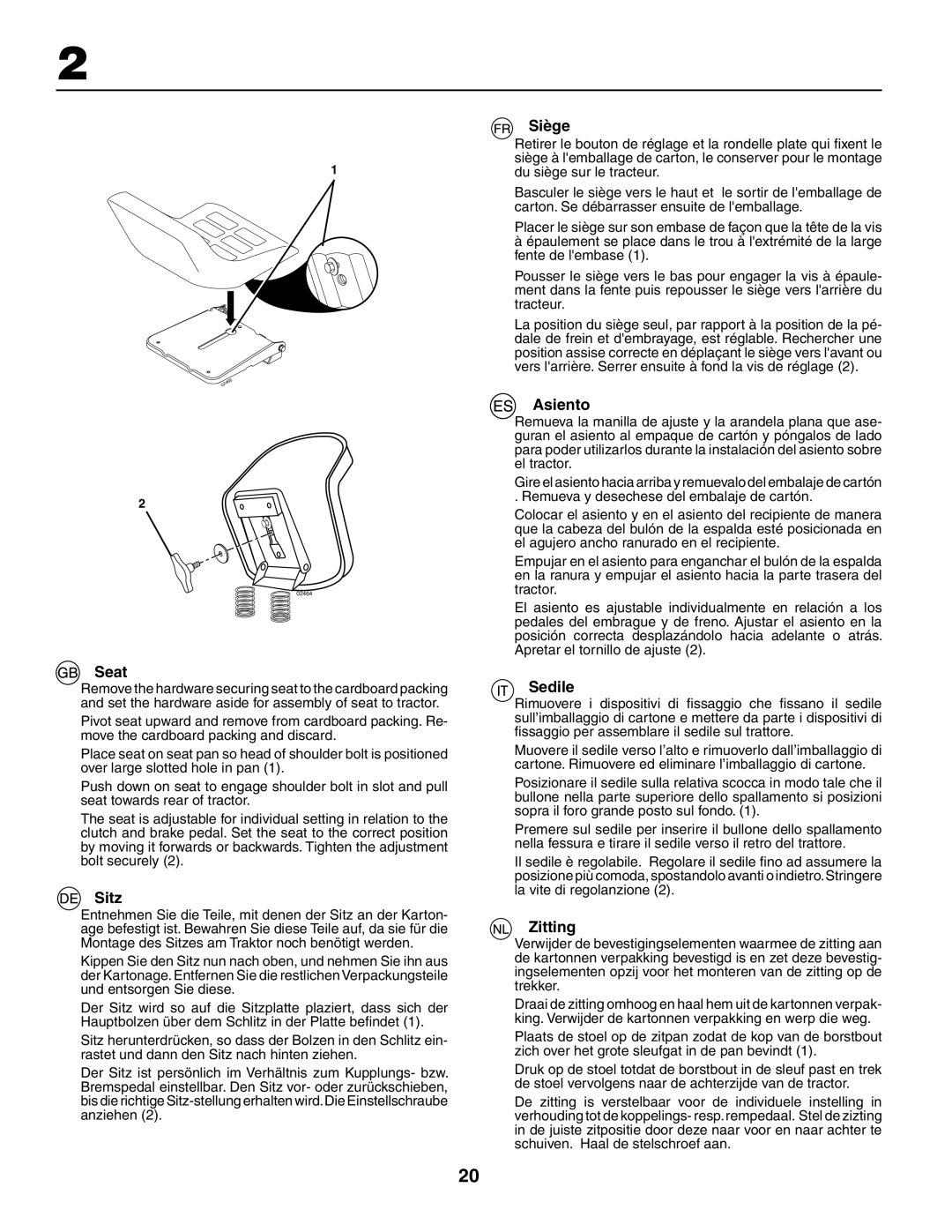 Husqvarna LT 151 instruction manual Seat, Sitz, Siège, Asiento, Sedile, Zitting 