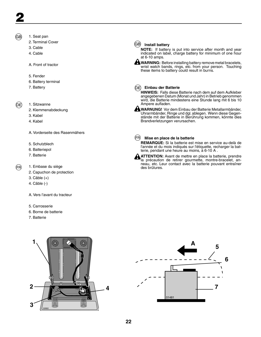 Husqvarna LT 151 instruction manual Install battery Einbau der Batterie, Mise en place de la batterie 