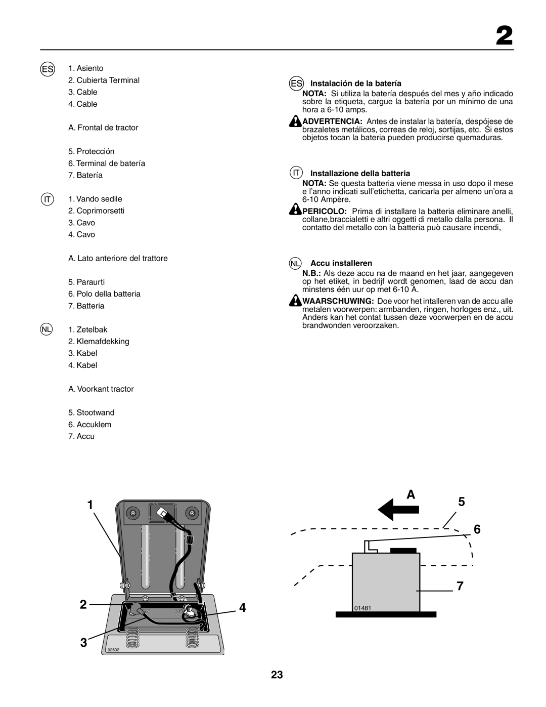 Husqvarna LT 151 instruction manual Instalación de la batería, Installazione della batteria, Accu installeren 