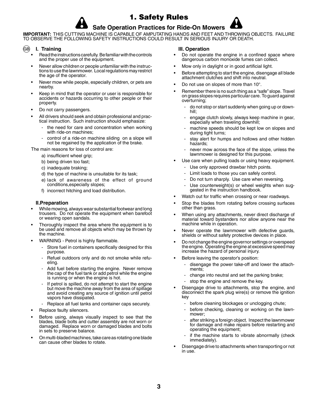 Husqvarna LT 151 instruction manual Safety Rules, Training, II.Preparation, III. Operation 