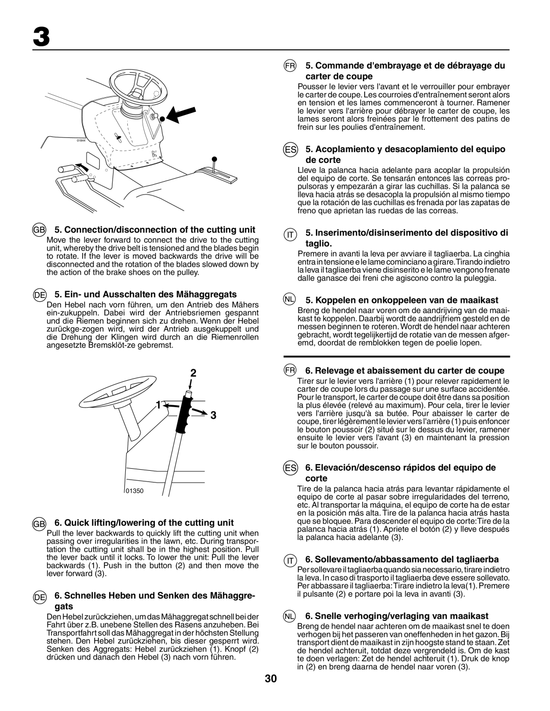 Husqvarna LT 151 instruction manual Connection/disconnection of the cutting unit, Ein- und Ausschalten des Mähaggregats 