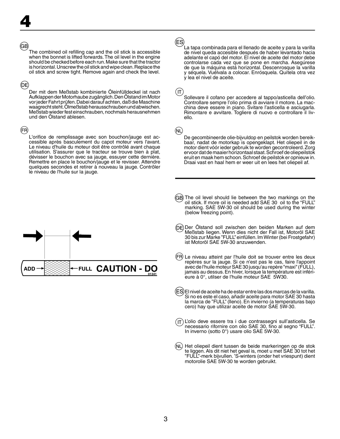 Husqvarna LT 151 instruction manual Oil level, Ölstand, Niveau d’huile, Nivel de aceite, Livello dell’olio, Oliepeil 