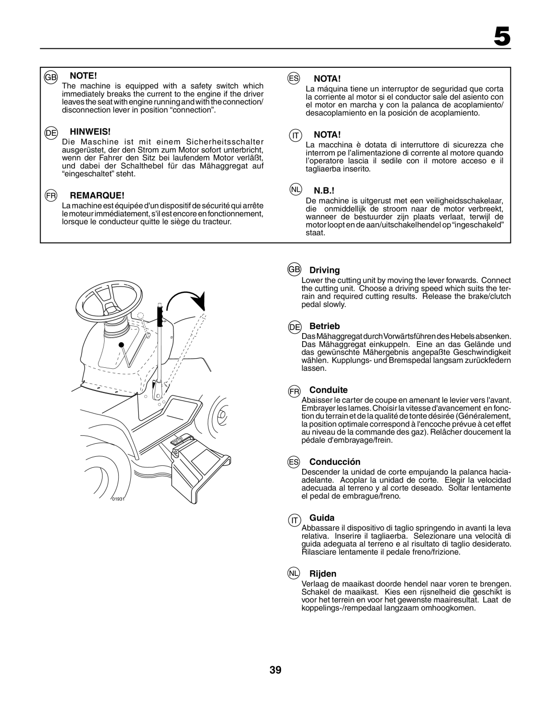 Husqvarna LT 151 instruction manual Driving, Betrieb, Conduite, Conducción, Guida, Rijden 