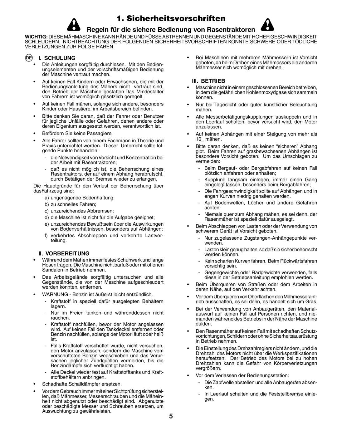 Husqvarna LT 151 instruction manual Sicherheitsvorschriften, Schulung, II. Vorbereitung, III. Betrieb 