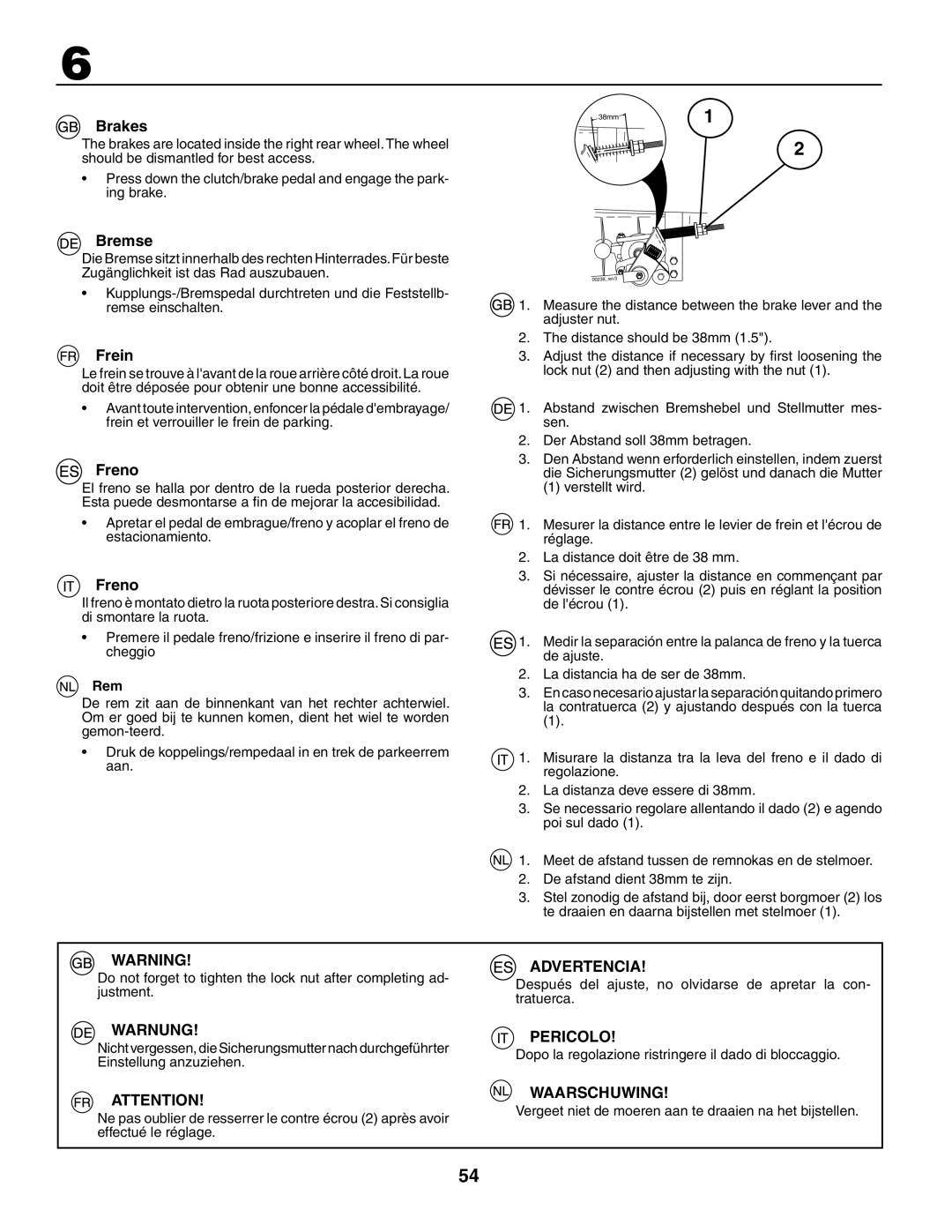 Husqvarna LT 151 instruction manual Brakes, Bremse, Frein, Freno, Rem 