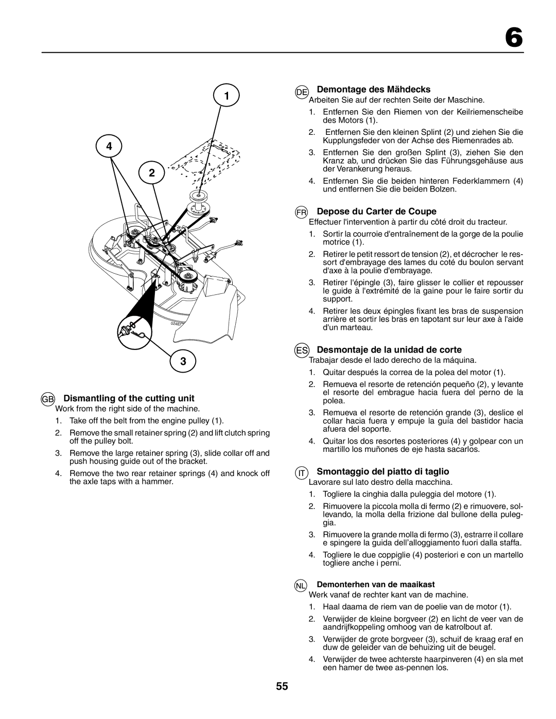 Husqvarna LT 151 instruction manual Dismantling of the cutting unit, Demontage des Mähdecks, Depose du Carter de Coupe 