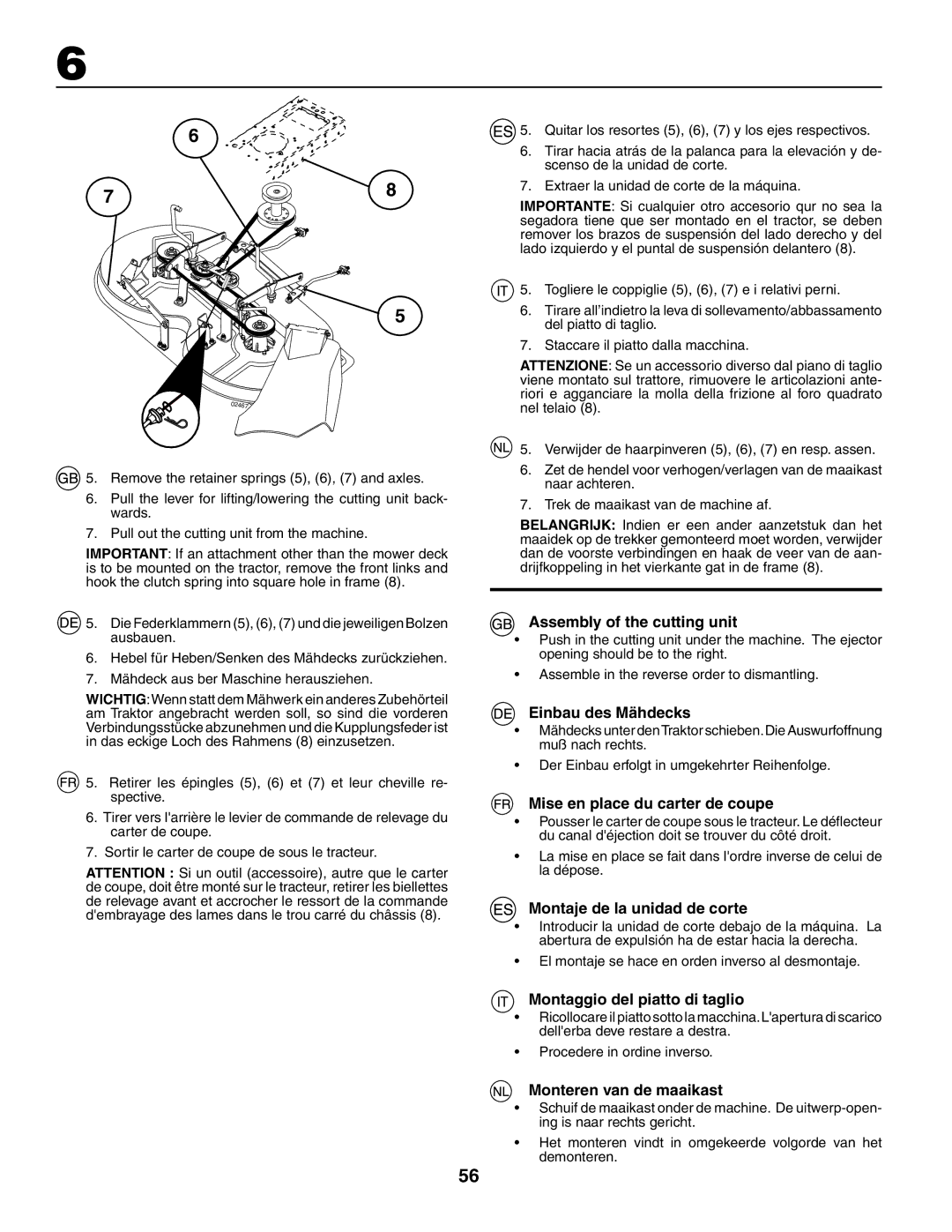 Husqvarna LT 151 instruction manual Assembly of the cutting unit, Einbau des Mähdecks, Mise en place du carter de coupe 