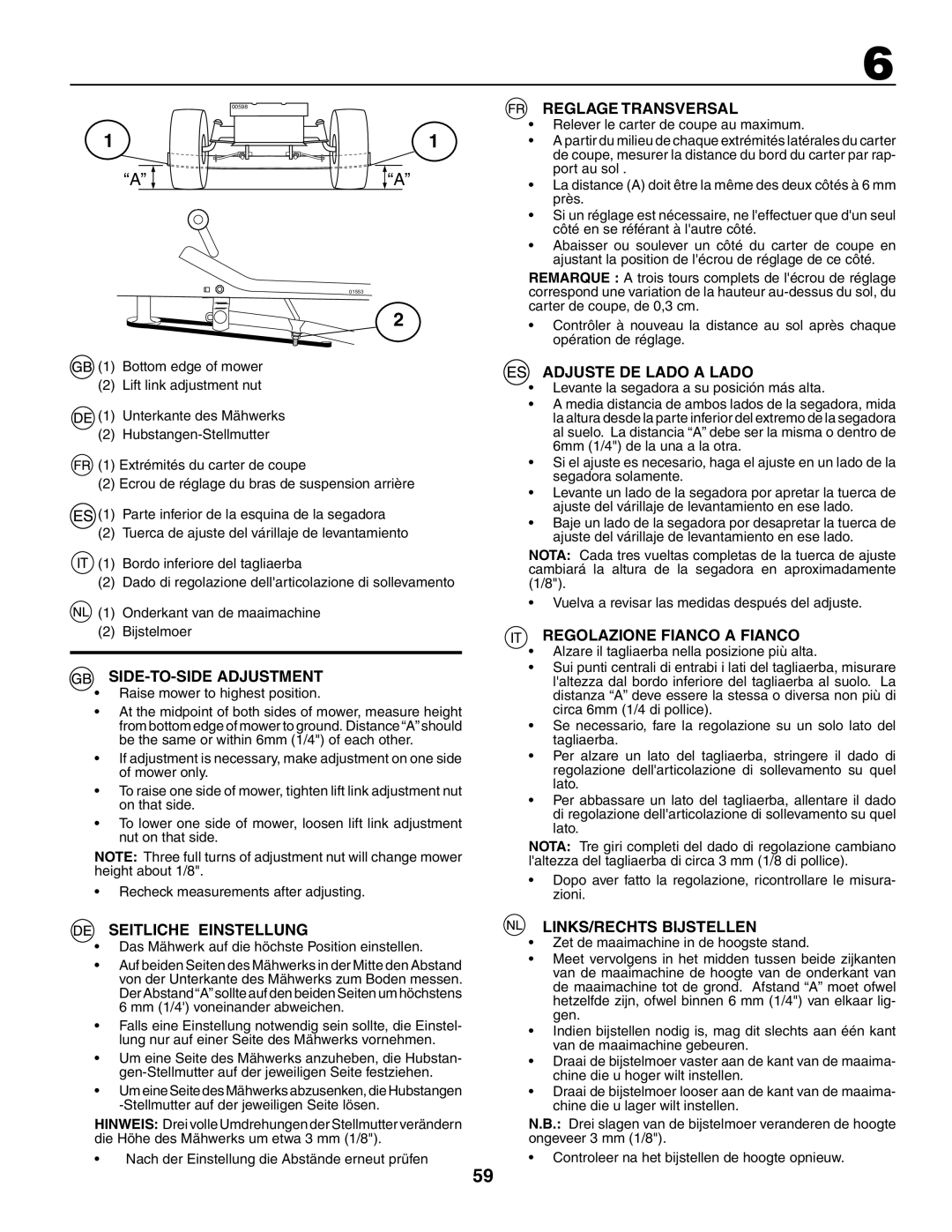 Husqvarna LT 151 SIDE-TO-SIDE Adjustment, Seitliche Einstellung, Reglage Transversal, Adjuste DE Lado a Lado 