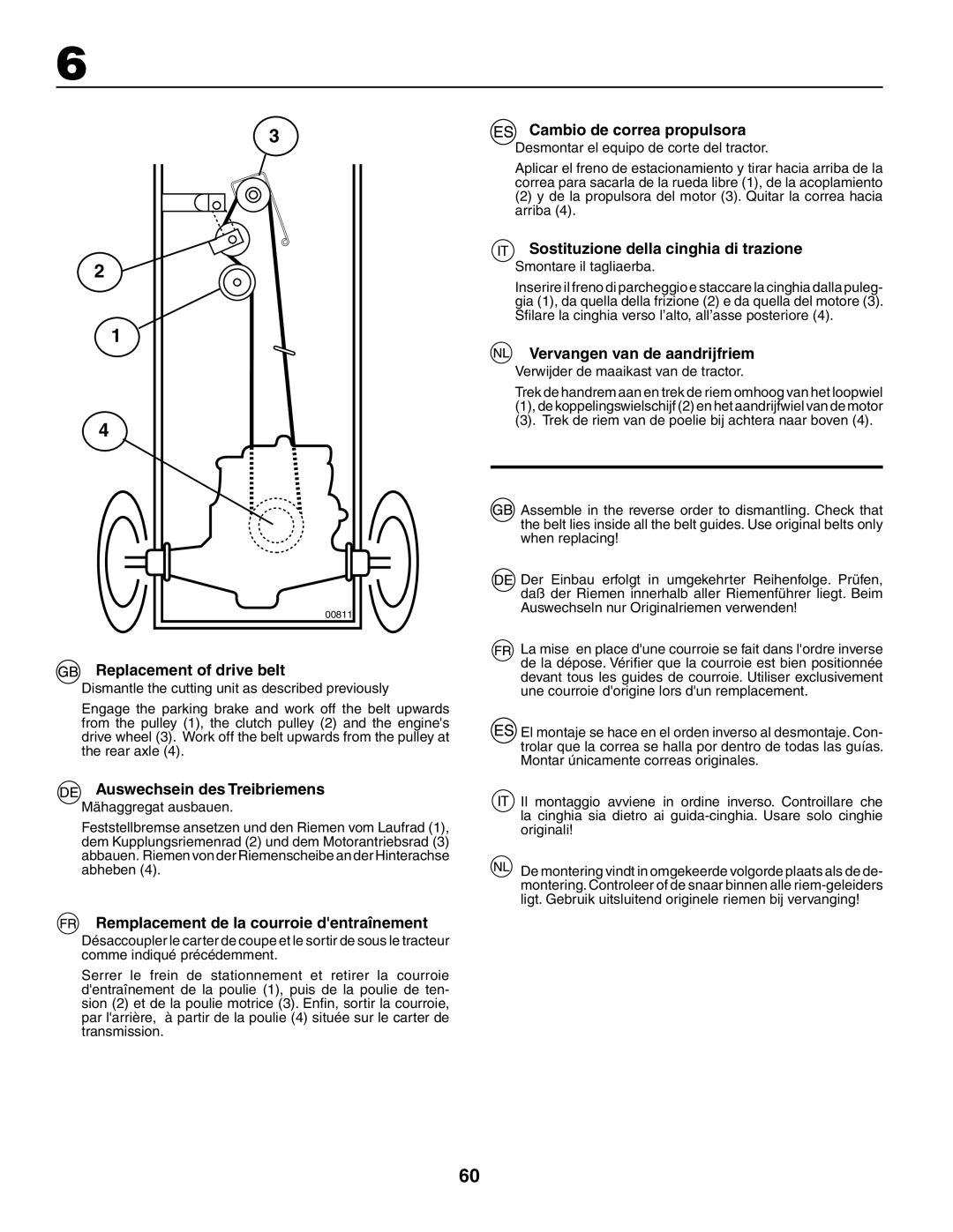 Husqvarna LT 151 Replacement of drive belt, Auswechsein des Treibriemens, Remplacement de la courroie dentraînement 