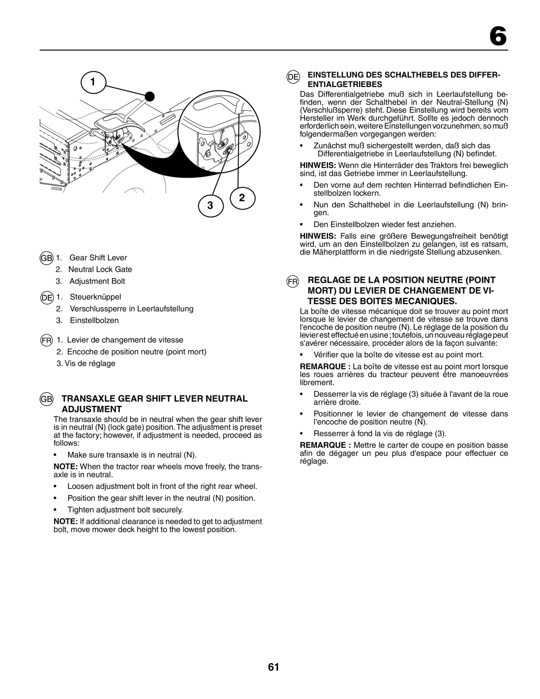 Husqvarna LT 151 Transaxle Gear Shift Lever Neutral Adjustment, Das Differentialgetriebe muß sich in Leerlaufstellung be 