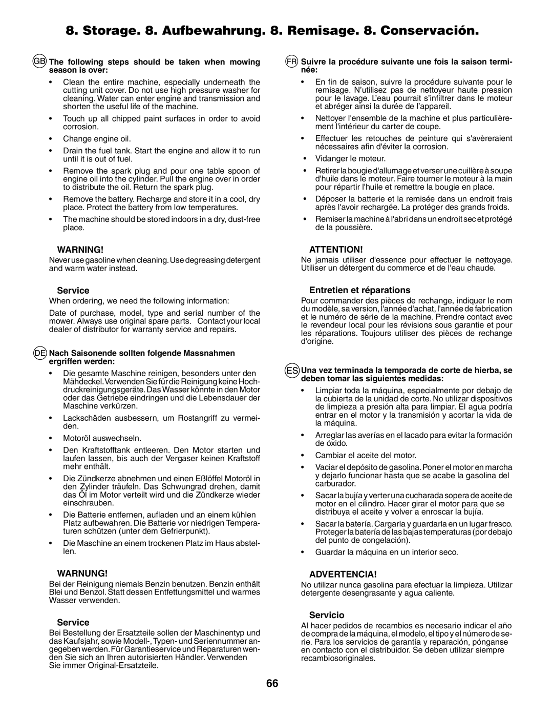 Husqvarna LT 151 Storage . Aufbewahrung . Remisage . Conservación, Service, Entretien et réparations, Servicio 