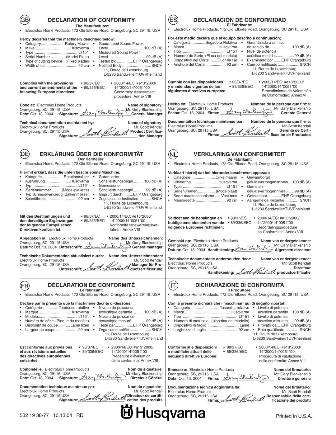 Husqvarna LT 151 instruction manual Declaration of Conformity Declaración DE Conformidad, 532 19 38-77 