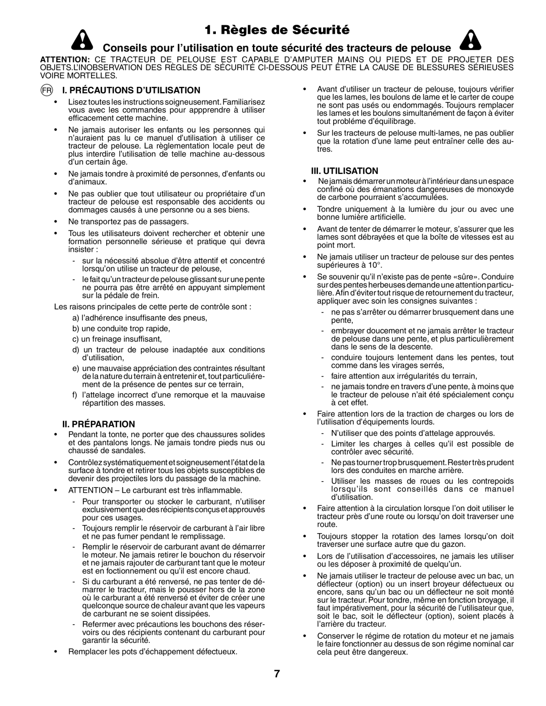 Husqvarna LT 151 instruction manual Règles de Sécurité, Précautions D’UTILISATION, II. Préparation, III. Utilisation 