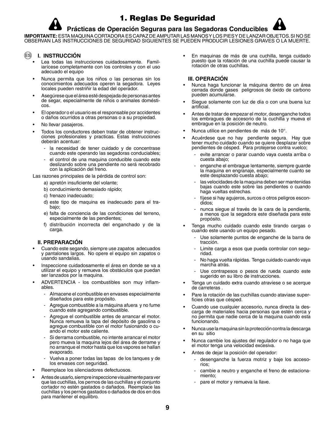 Husqvarna LT 151 instruction manual Reglas De Seguridad, Instrucción, II. Preparación, III. Operación 