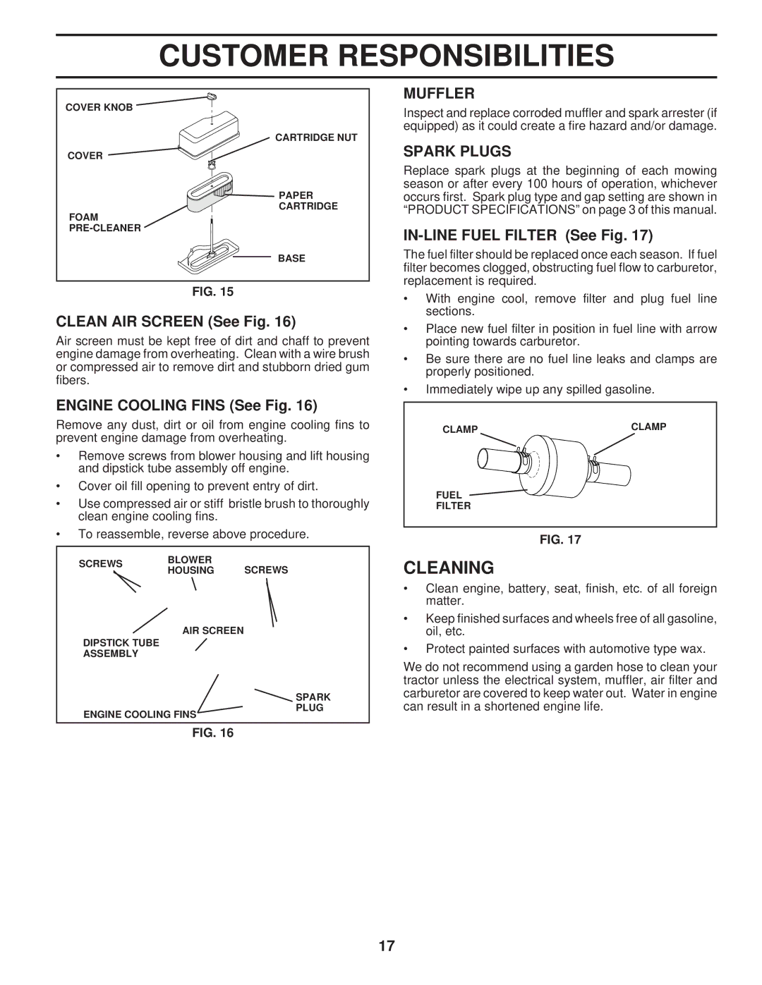 Husqvarna LT120 owner manual Cleaning, Muffler, Spark Plugs 