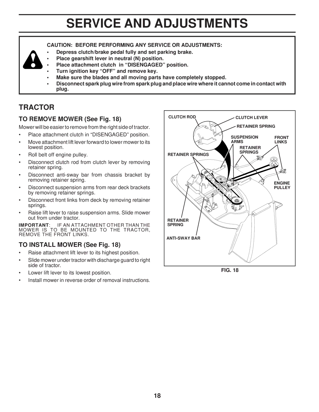 Husqvarna LT120 owner manual Service and Adjustments, To Remove Mower See Fig, To Install Mower See Fig 