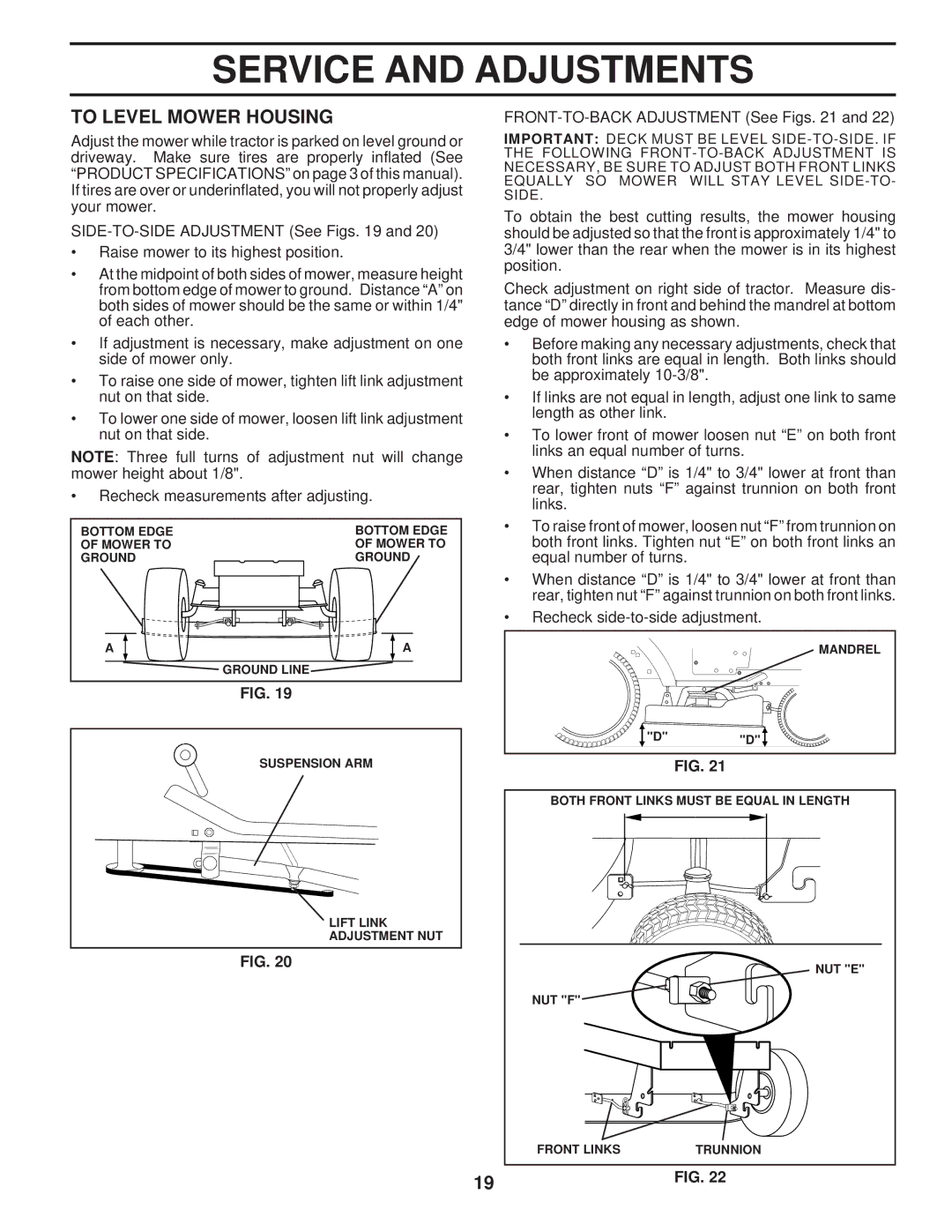 Husqvarna LT120 owner manual To Level Mower Housing, FRONT-TO-BACK Adjustment See Figs 