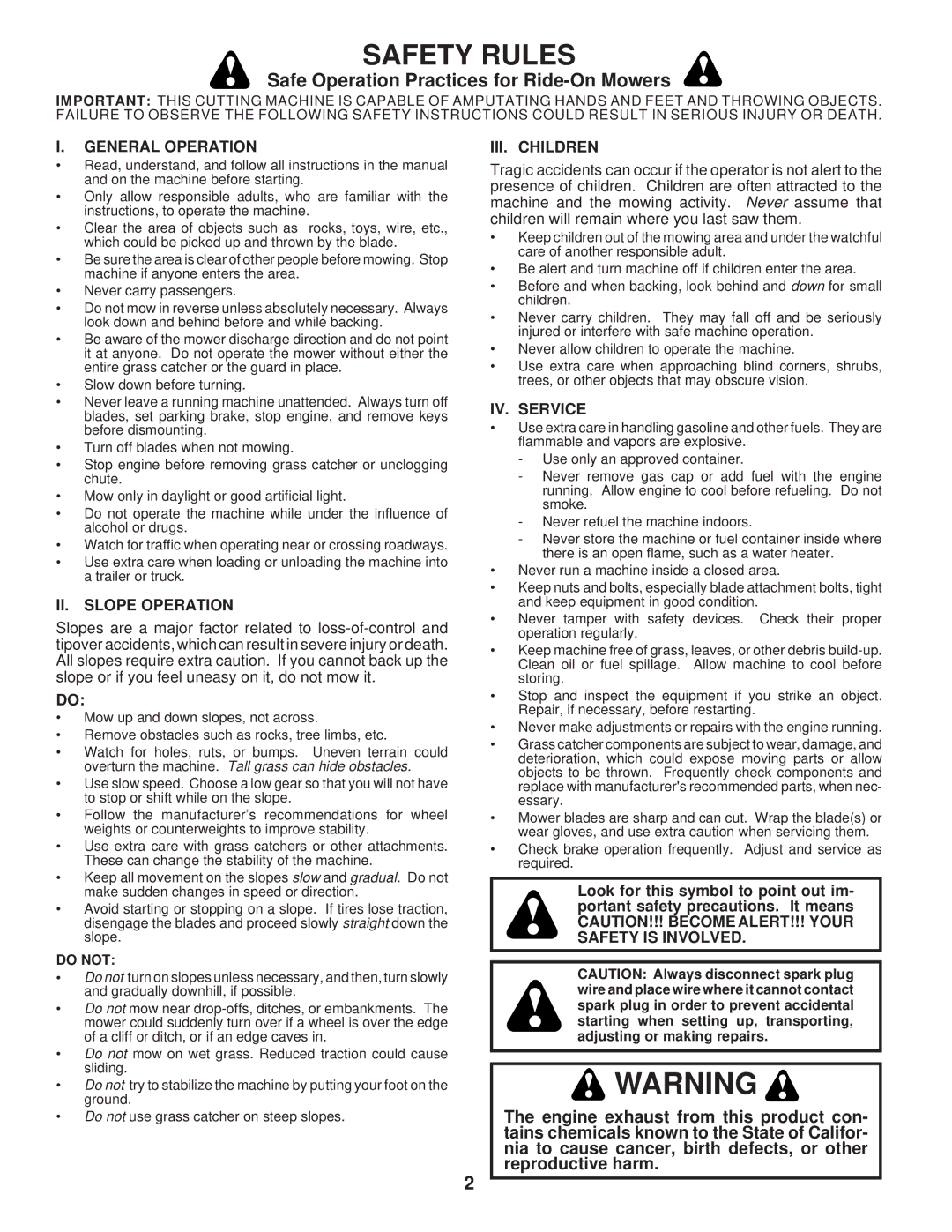 Husqvarna LT120 Safe Operation Practices for Ride-On Mowers, General Operation, II. Slope Operation, III. Children 