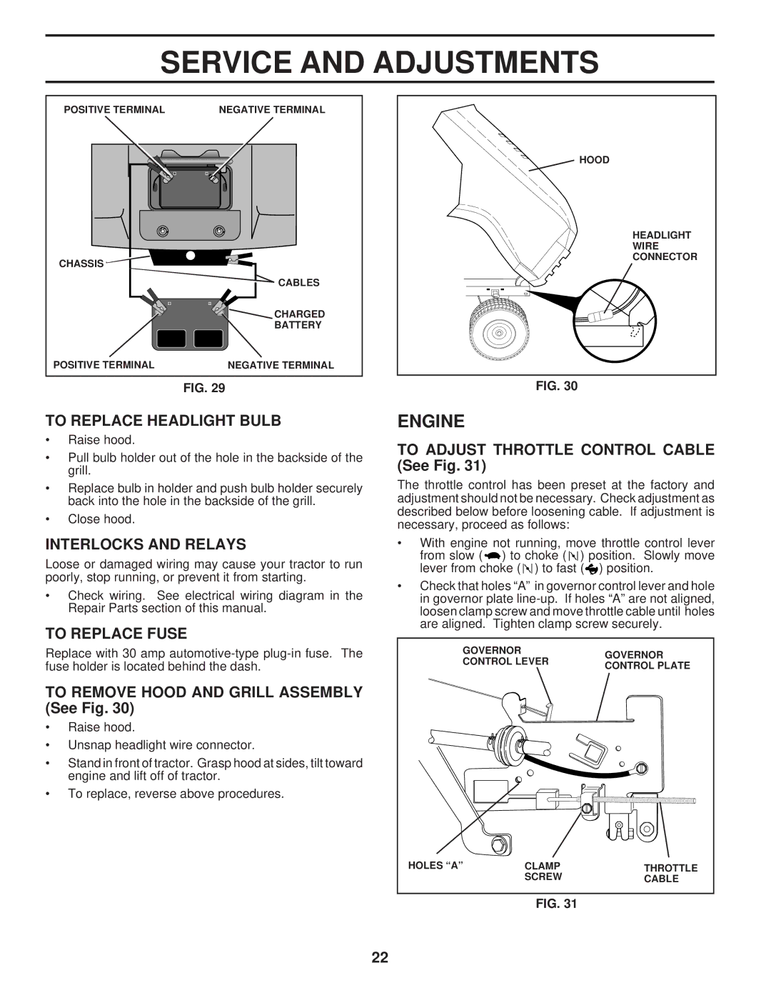 Husqvarna LT120 owner manual To Replace Headlight Bulb, Interlocks and Relays, To Replace Fuse 