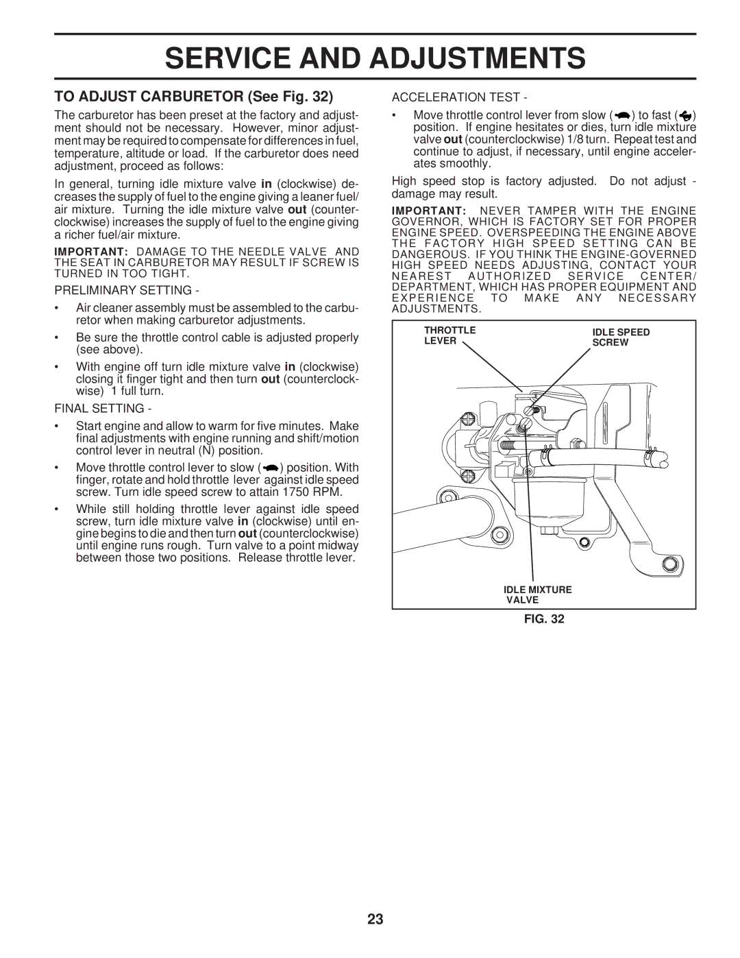 Husqvarna LT120 owner manual To Adjust Carburetor See Fig, Preliminary Setting, Final Setting, Acceleration Test 