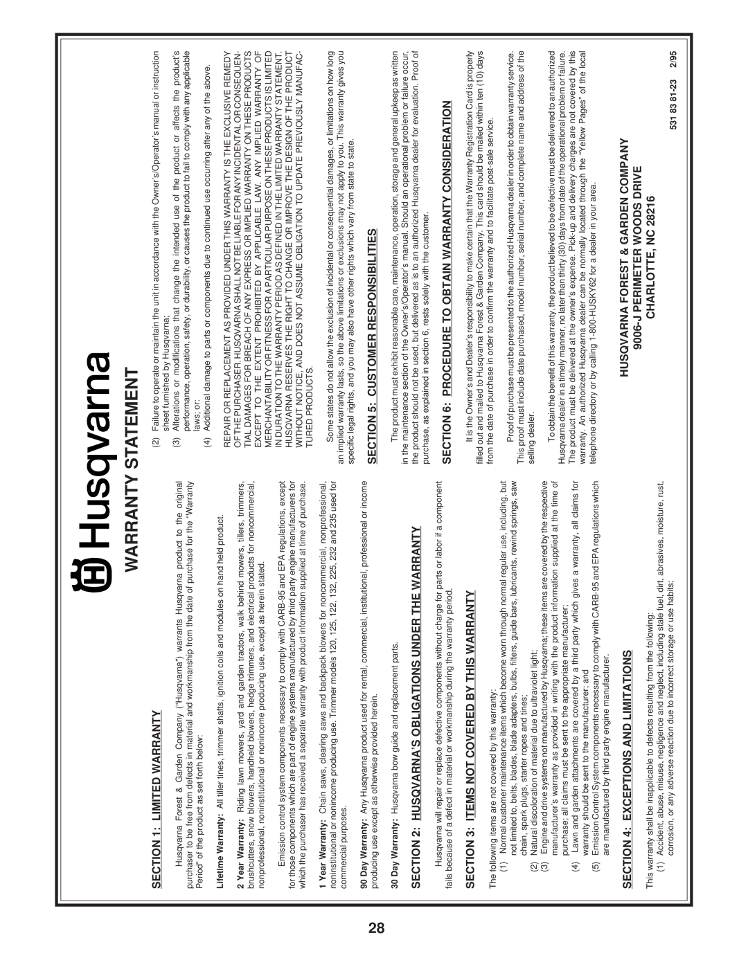 Husqvarna LT120 owner manual Warranty Statement, Limited Warranty 