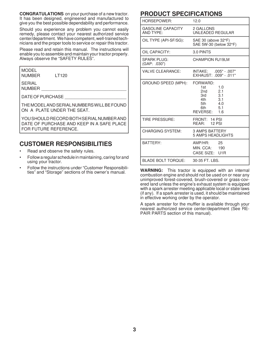 Husqvarna owner manual Customer Responsibilities, Product Specifications, Model Number LT120 Serial 