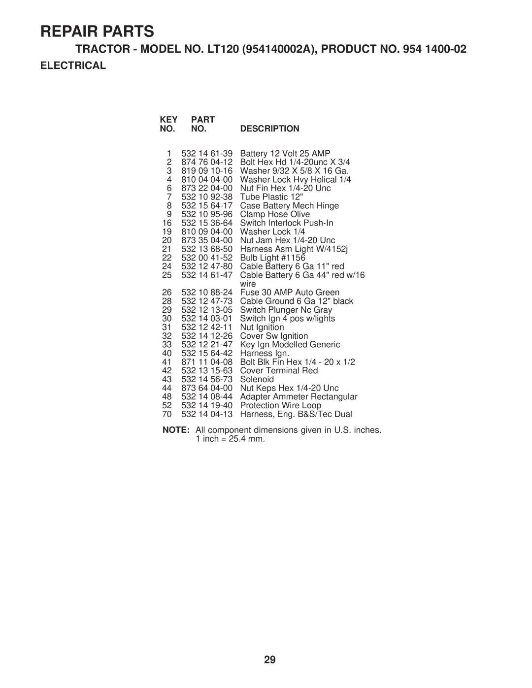 Husqvarna LT120 owner manual KEY Part NO. NO. Description 