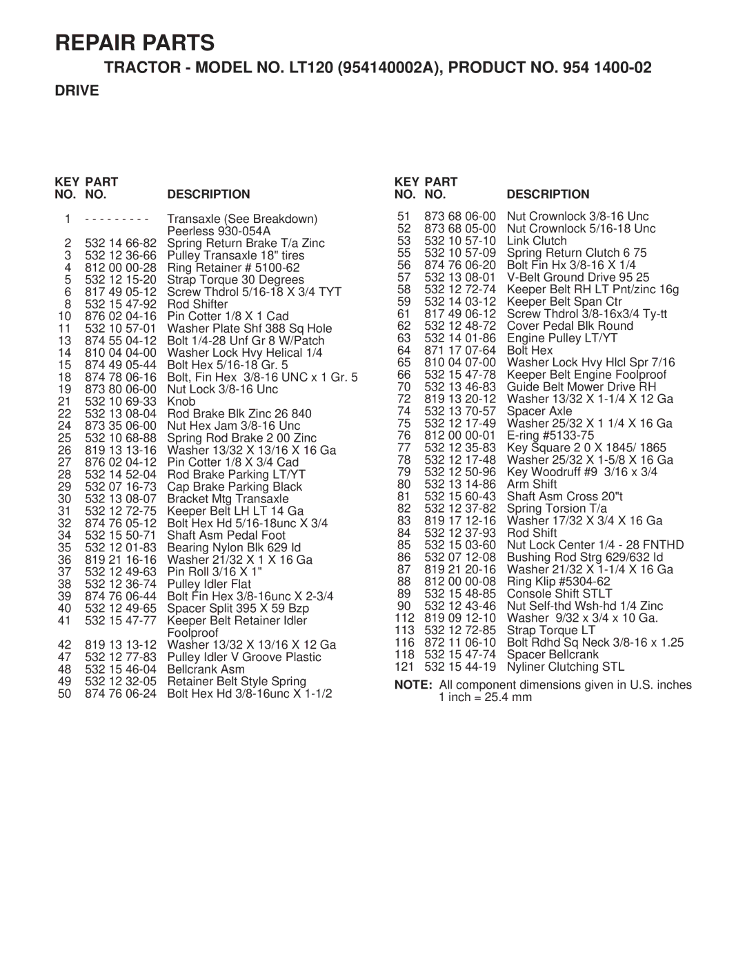 Husqvarna LT120 owner manual KEY Part NO. no Description 