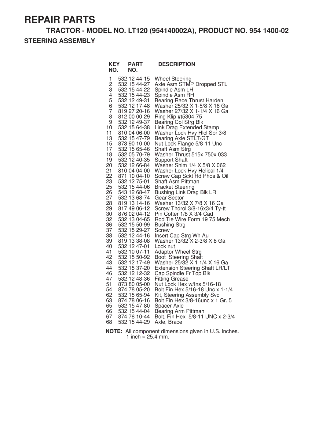 Husqvarna LT120 owner manual KEY Part Description NO. no 