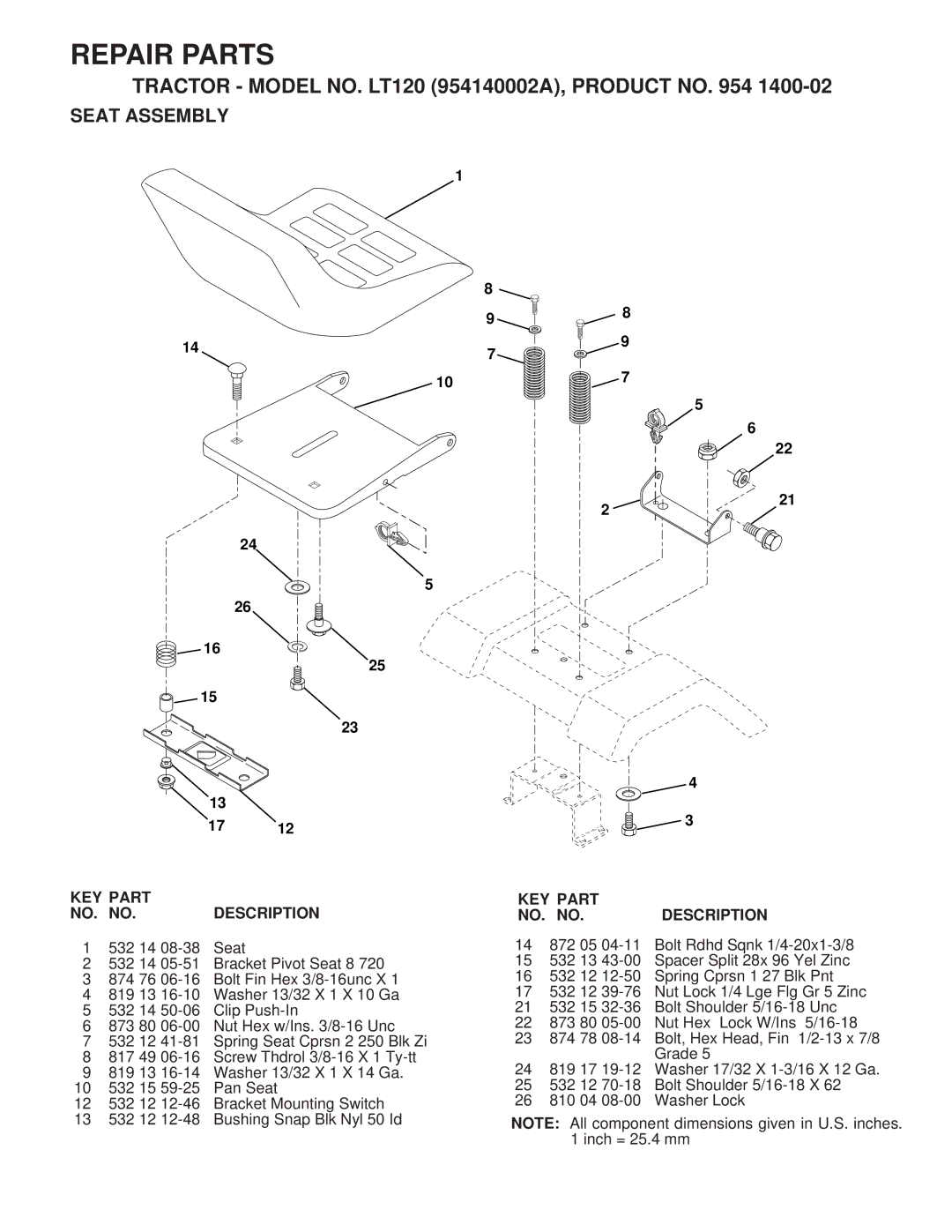 Husqvarna LT120 owner manual Seat Assembly, KEY Part NO. no Description 