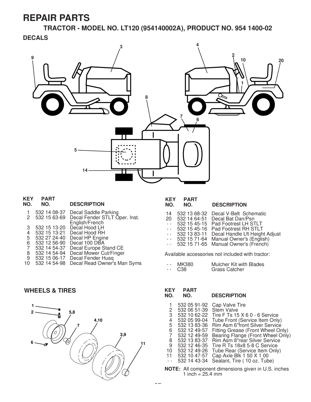 Husqvarna LT120 owner manual Decals, Wheels & Tires, KEY Part Description 