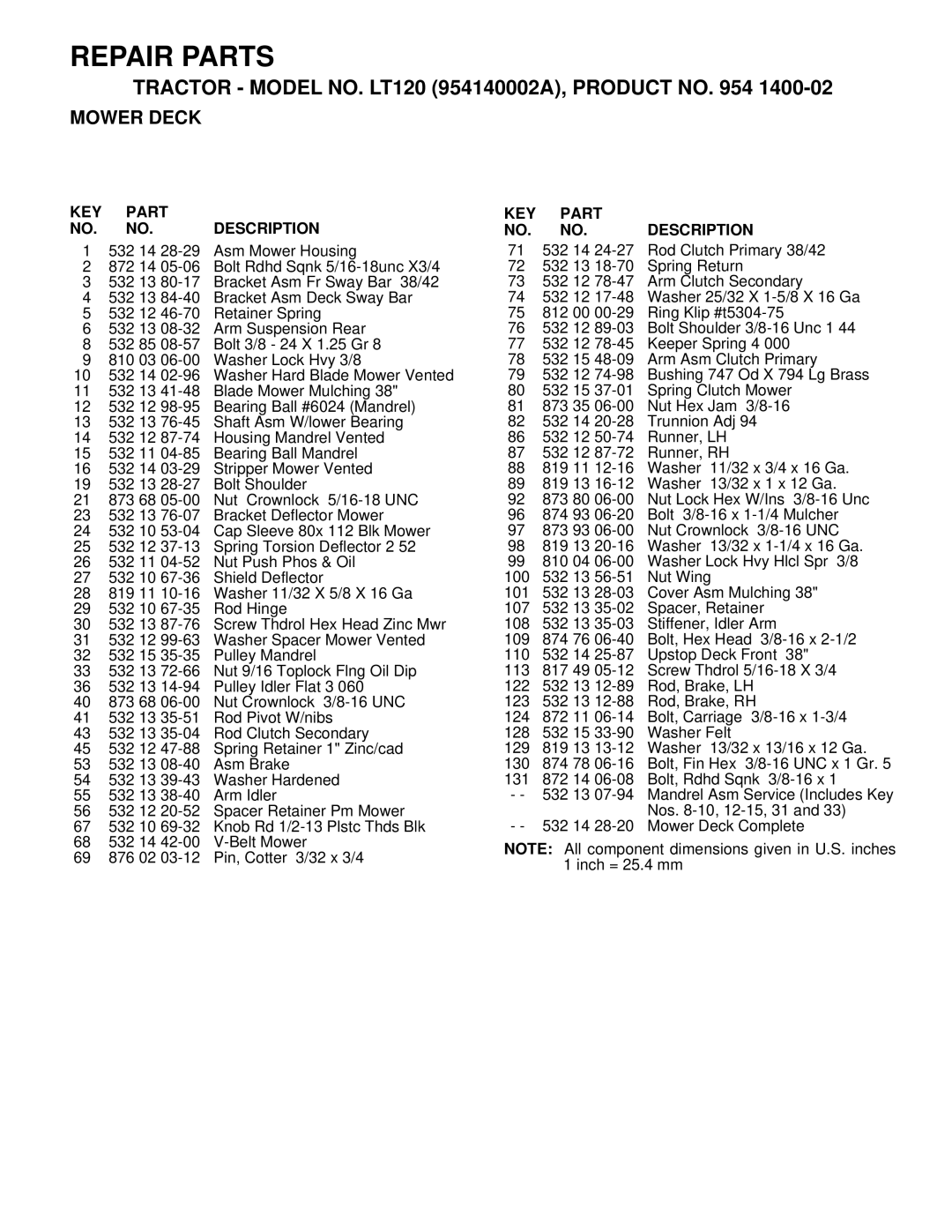 Husqvarna LT120 owner manual Repair Parts 