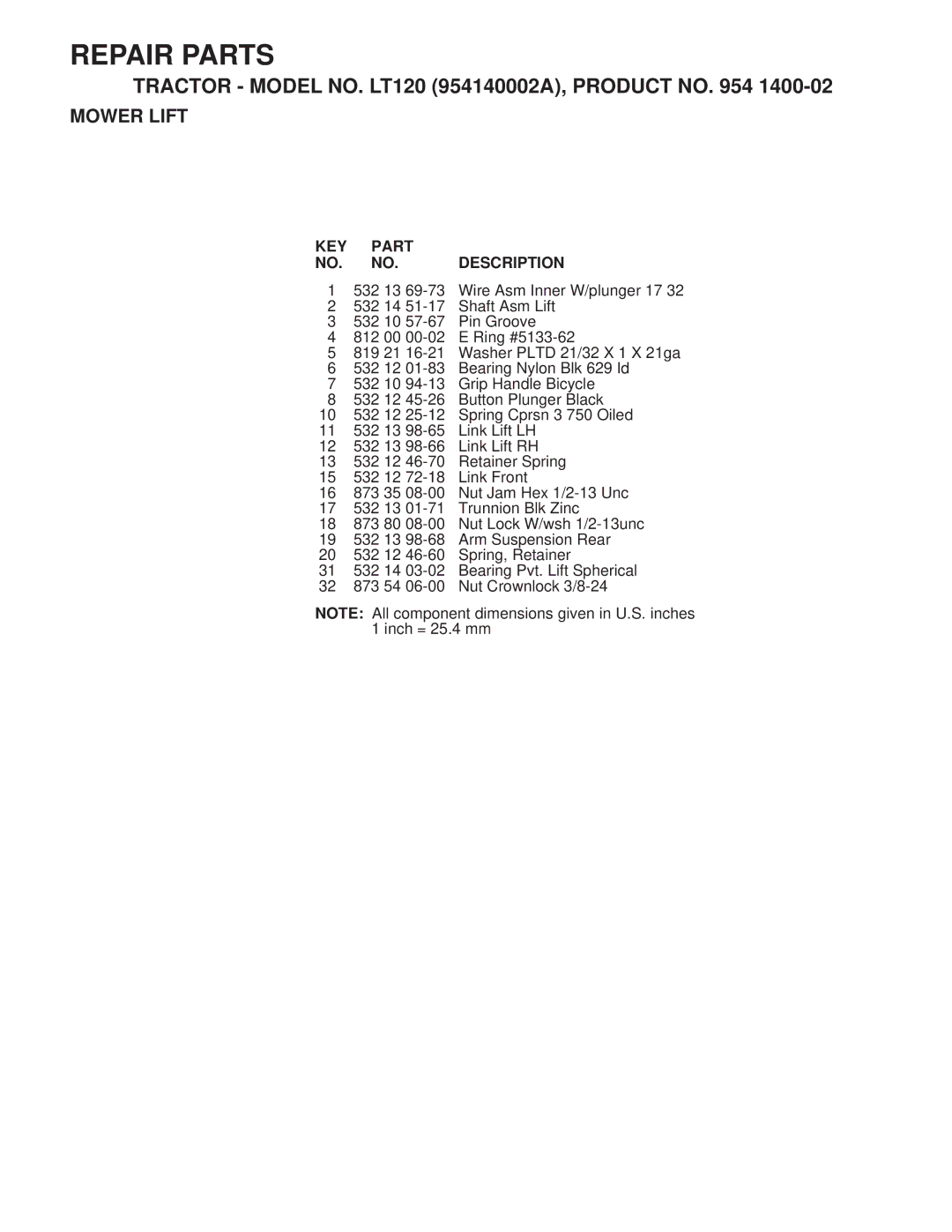 Husqvarna LT120 owner manual Repair Parts 