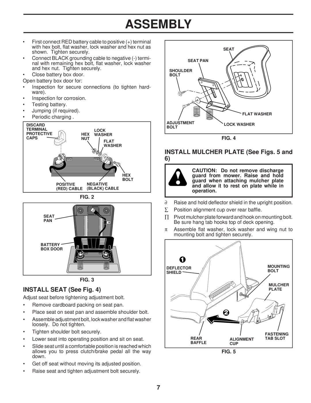 Husqvarna LT120 owner manual Install Seat See Fig, Install Mulcher Plate See Figs 