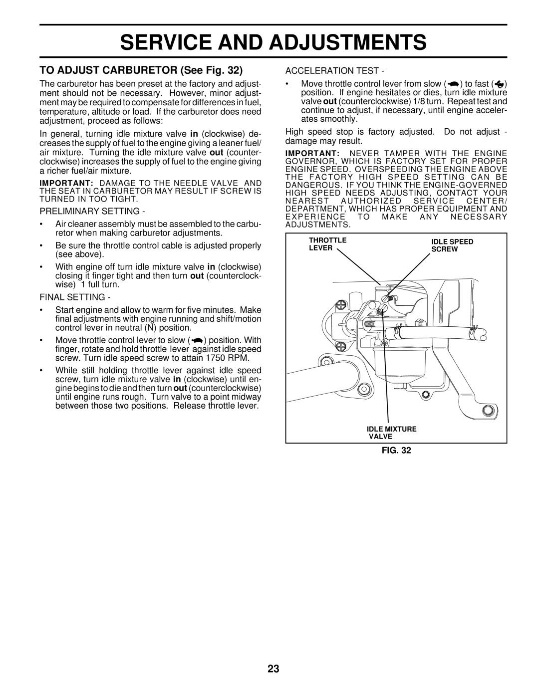 Husqvarna LT120 owner manual Service And Adjustments, TO ADJUST CARBURETOR See Fig 