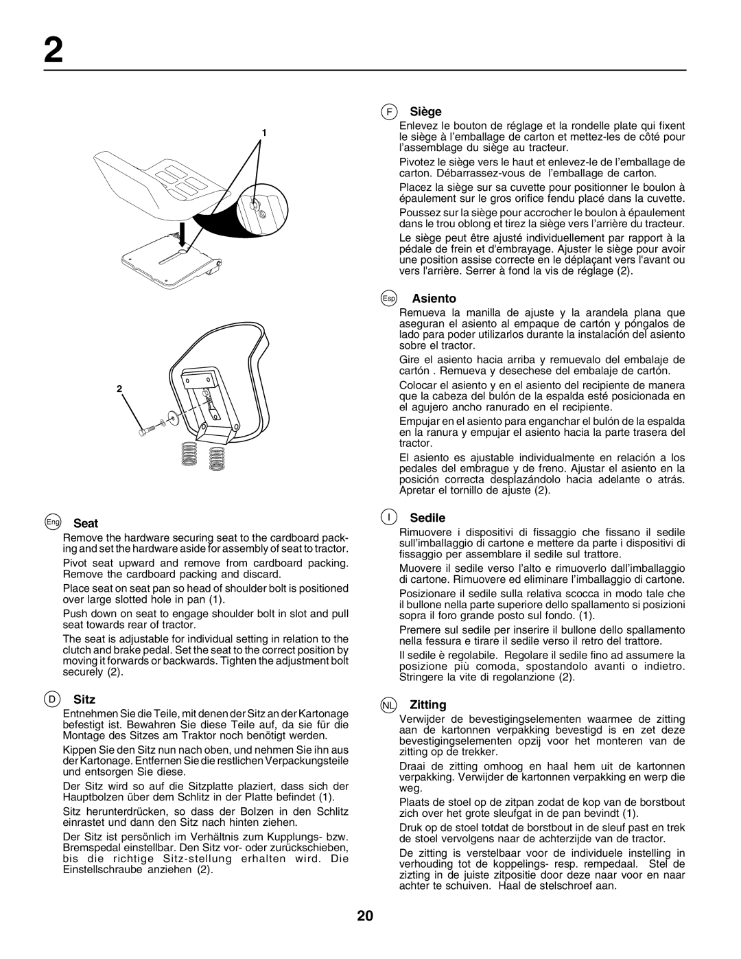 Husqvarna LT125 instruction manual Sitz, Siège, Esp Asiento, Sedile, NL Zitting 