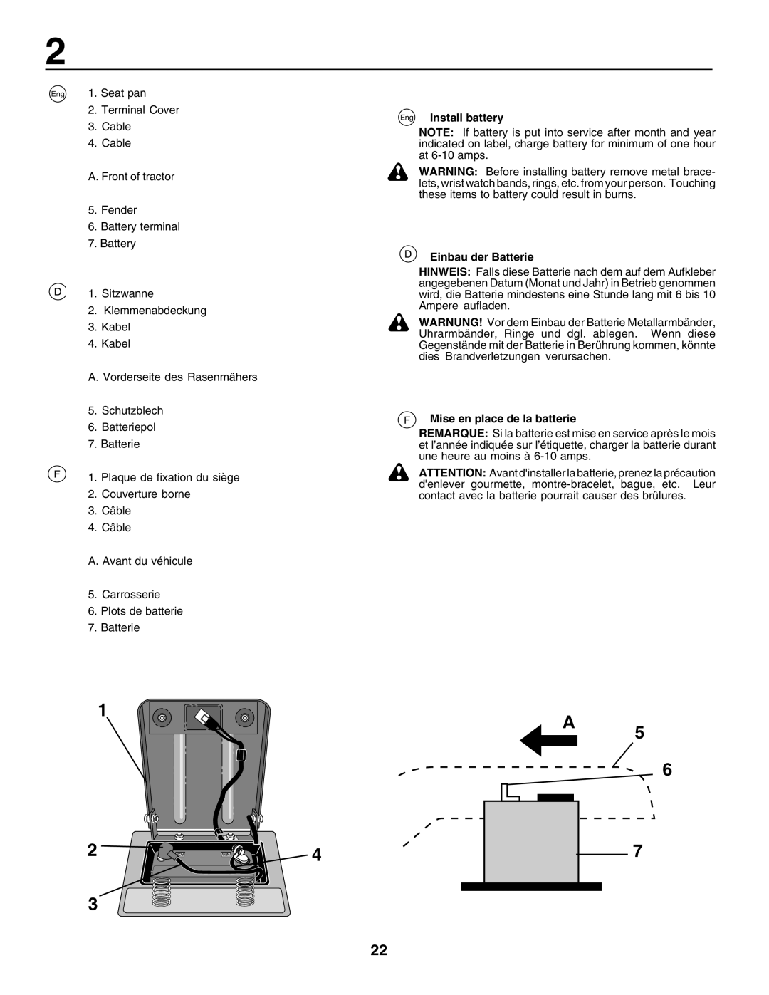 Husqvarna LT125 instruction manual Install battery, Einbau der Batterie, Mise en place de la batterie 